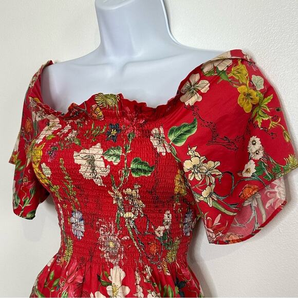 PARKER XS Penn Off-the-Shoulder Floral-Print Blouse, Red, Designer, Smocked - Picture 3 of 9